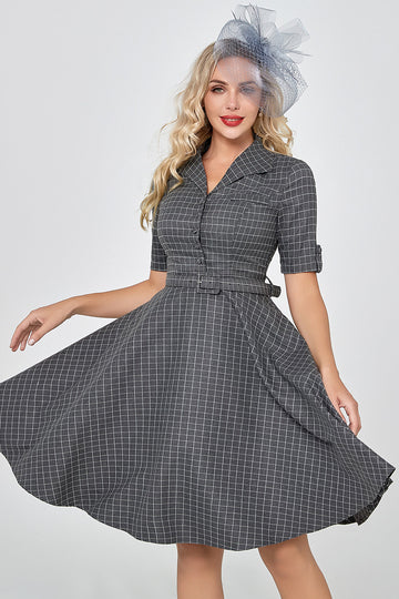 Grey Plaid Half Sleeves Vintage 1950s Dress